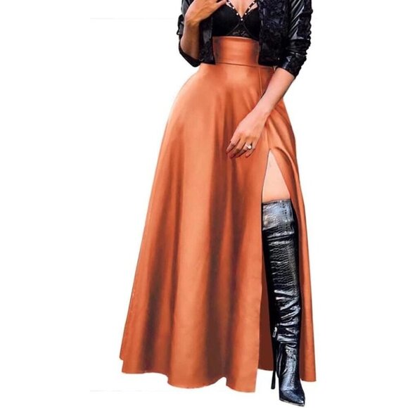 Dresses & Skirts - Women Brown High Waisted Sexy PU Leather Vintage A-Line Long Skirt Pockets